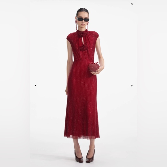Self-Portrait Dresses & Skirts - Self-Portrait Red Rhinestone Fishnet Midi Dress